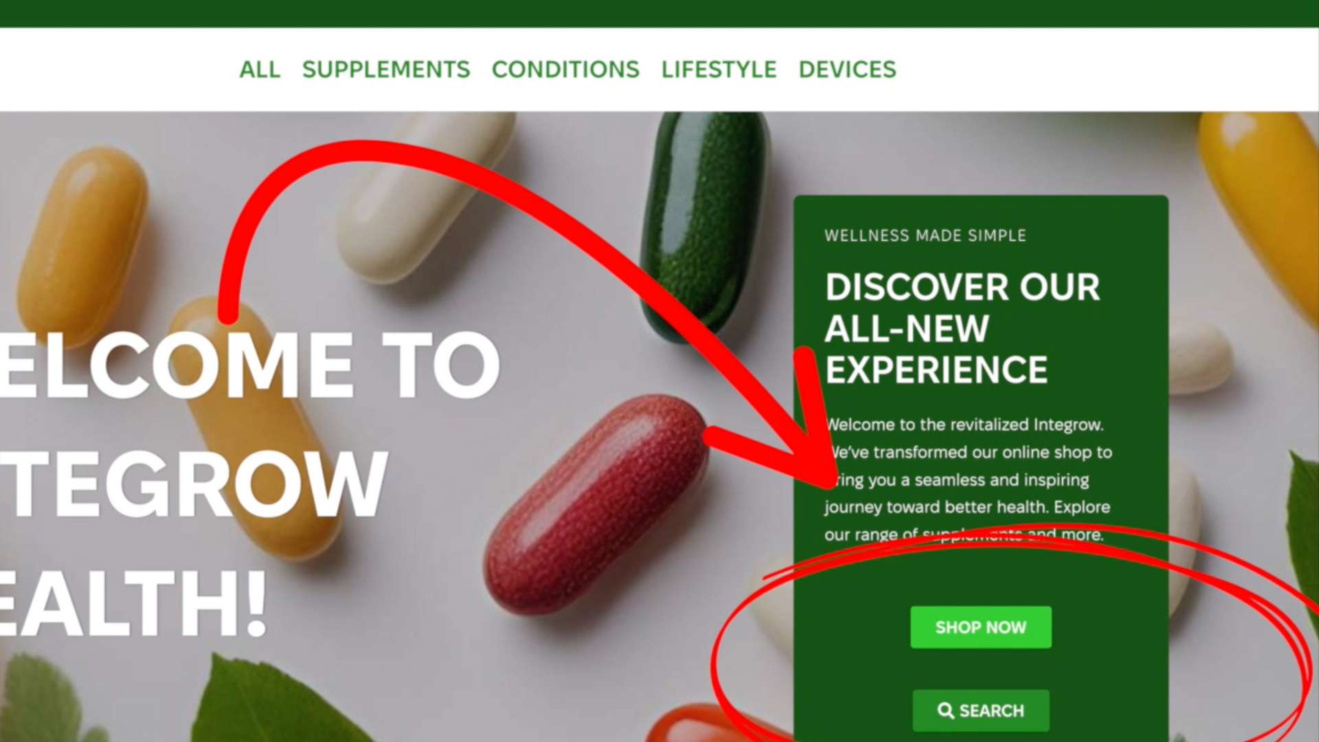 Screenshot of the Integrow Health shop, pointing out the shop now button