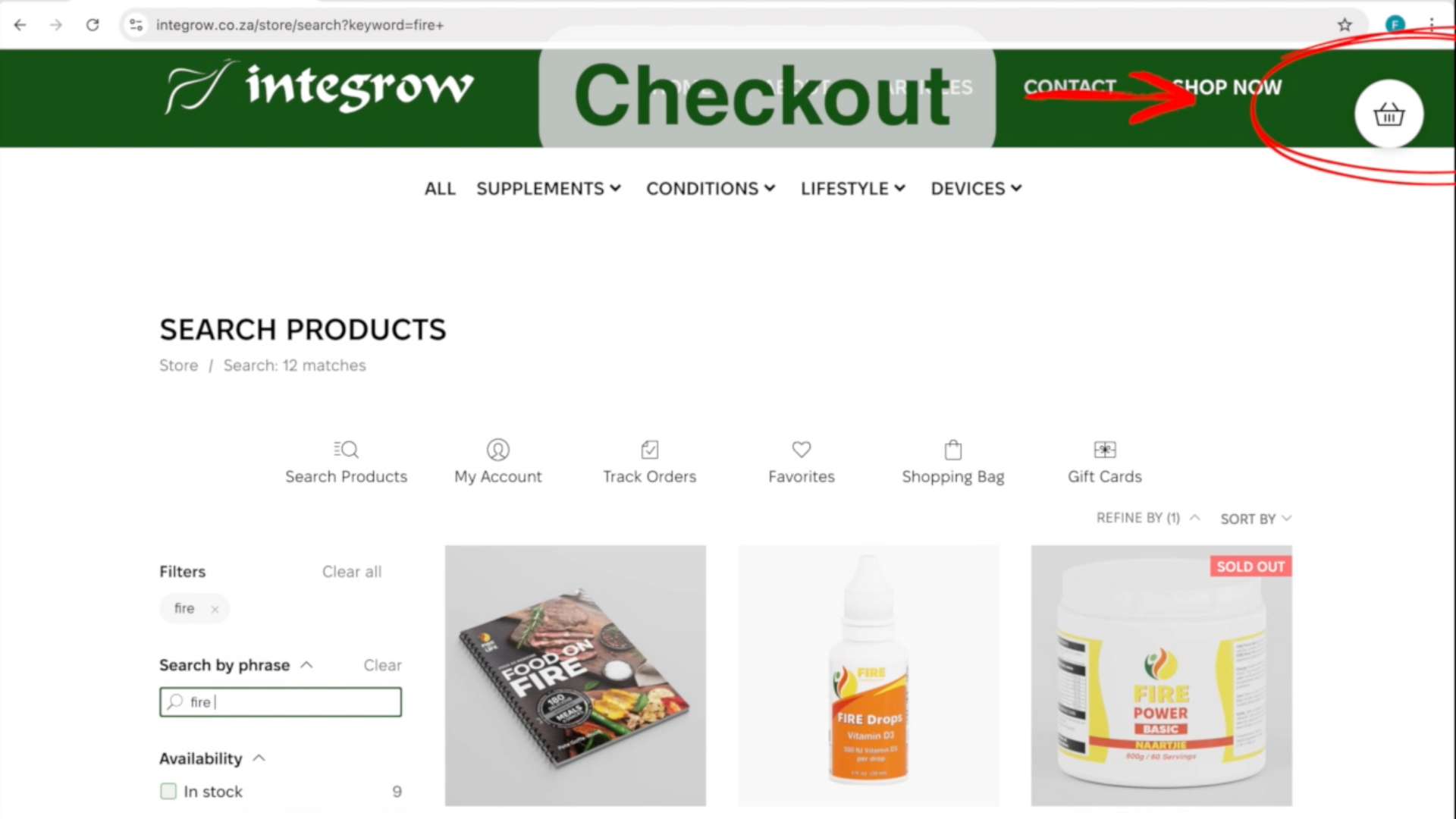 Screenshot of the Integrow Health shop, pointing at the checkout basket