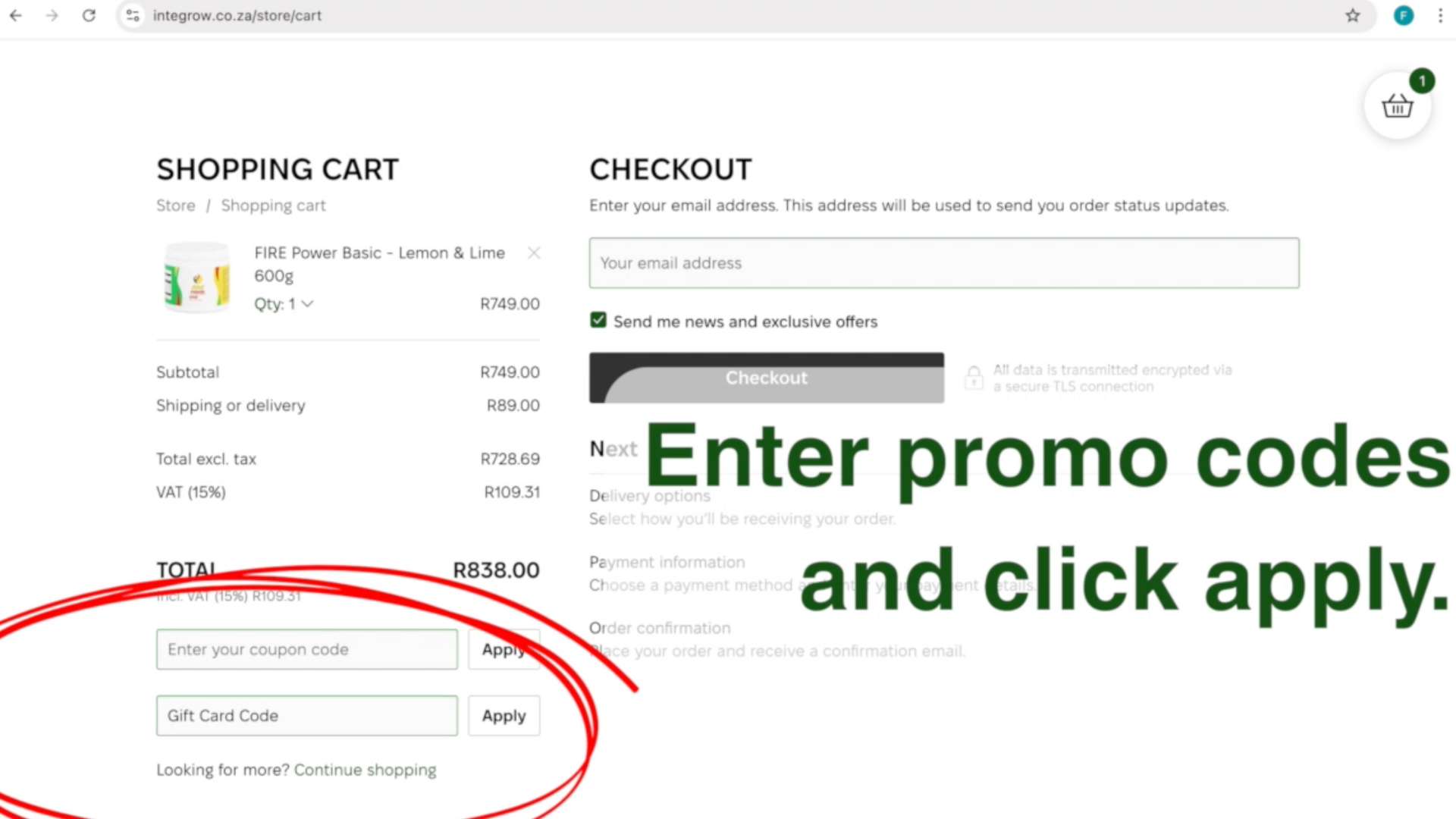 Screenshot of shopping cart on the Integrow Health shop