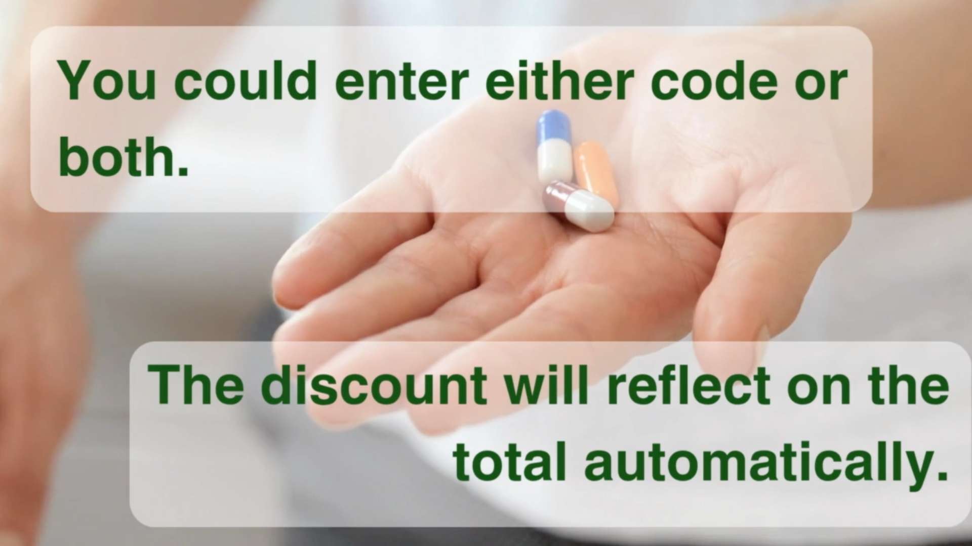 a hand with three capsules in the palm, directions on how to enter codes