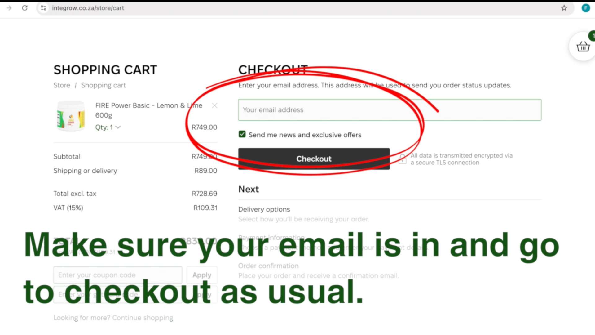 Screenshot of the Integrow Health shop, pointing out the email address in the checkout