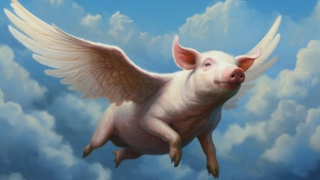 A pink pig with wings flying in the blue sky with clouds, swine flu reference