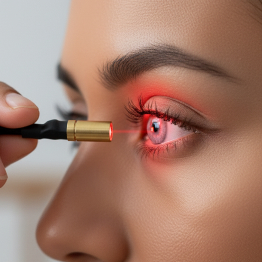 Low level laser applied to eye