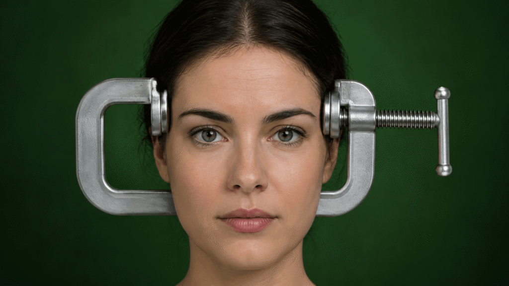 the face of a woman with a headache, shown with a clamp over her head, feeling extreme headache