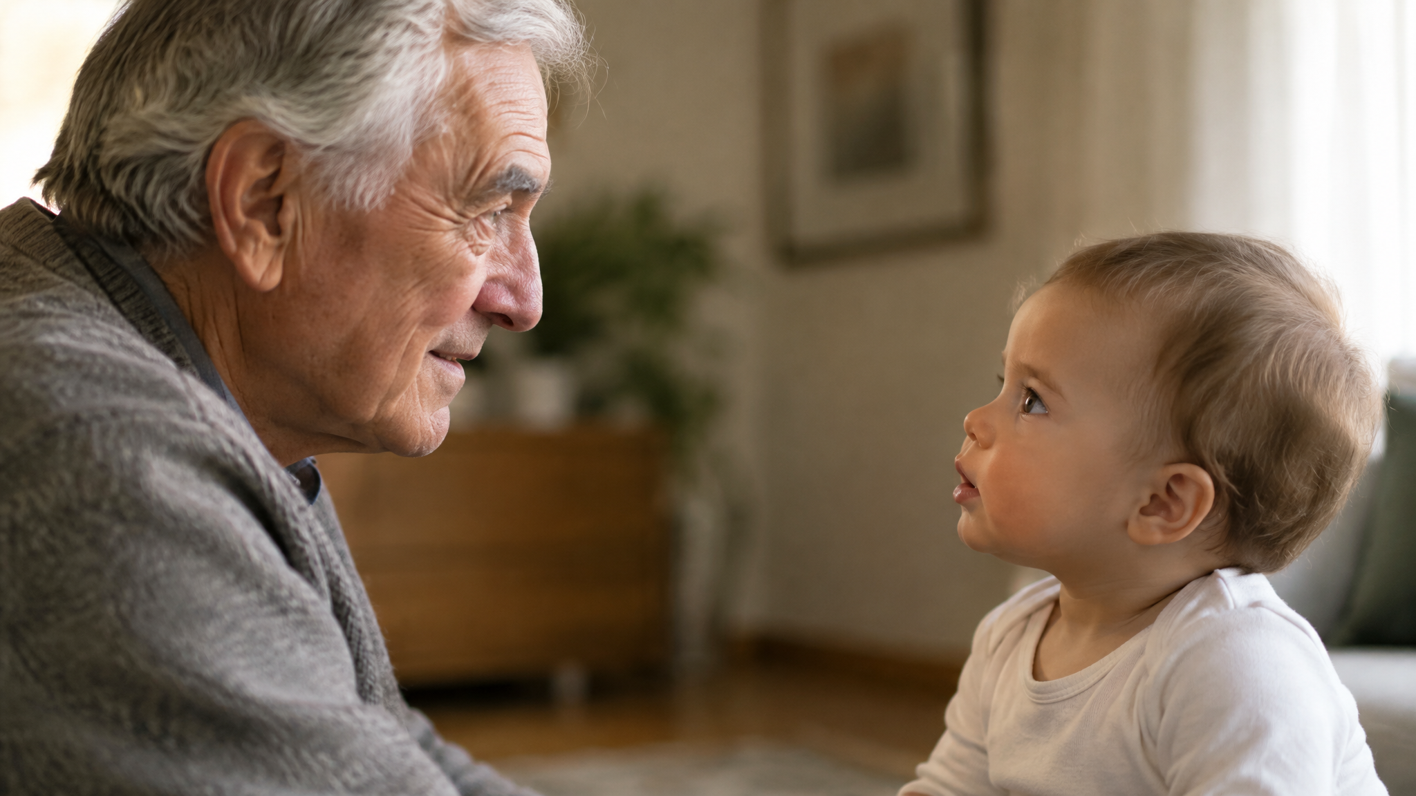 An older person looking at a baby, symbolising the generations and how both old and young are needed to make up society, taking care of the elderly